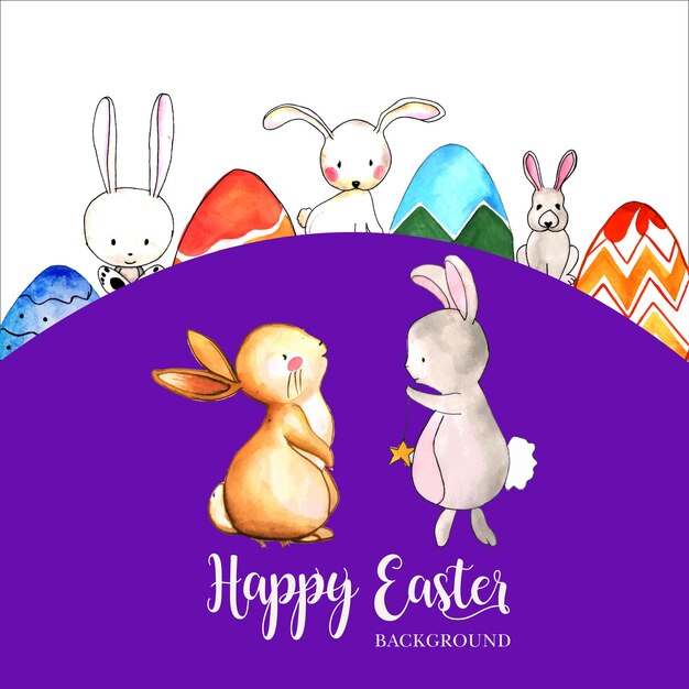 Free vector happy easter greeting bunny blue brown colourful eggs purple white background banner