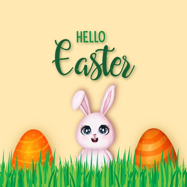 Happy Easter Greeting Bunny Orange Eggs Light Beige Background Banner