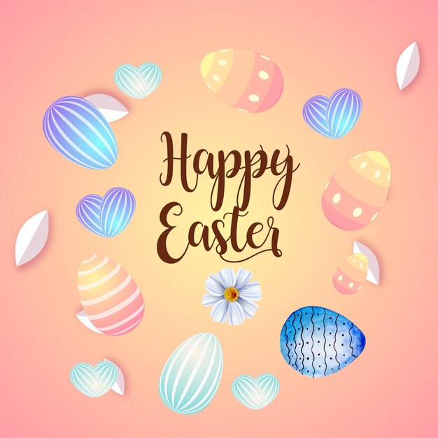 Happy easter greetings blue brown colourful eggs pink background banner