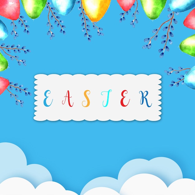 Happy easter greetings yellow green red colourful eggs deep sky blue background banner