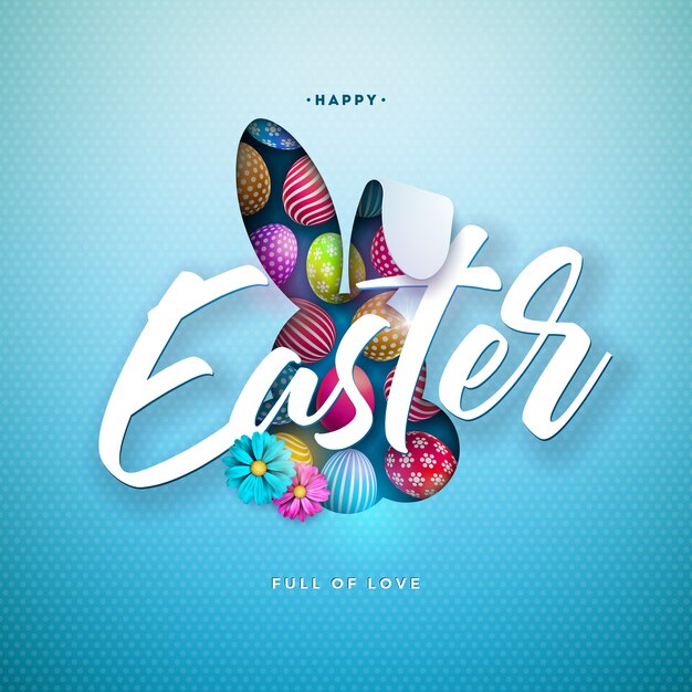 Happy Easter Illustration with Colorful Painted Egg and Rabbit Ears