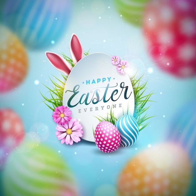 다채로운 그린 계란과 봄 꽃 o와 함께 행복 한 부활절 그림
