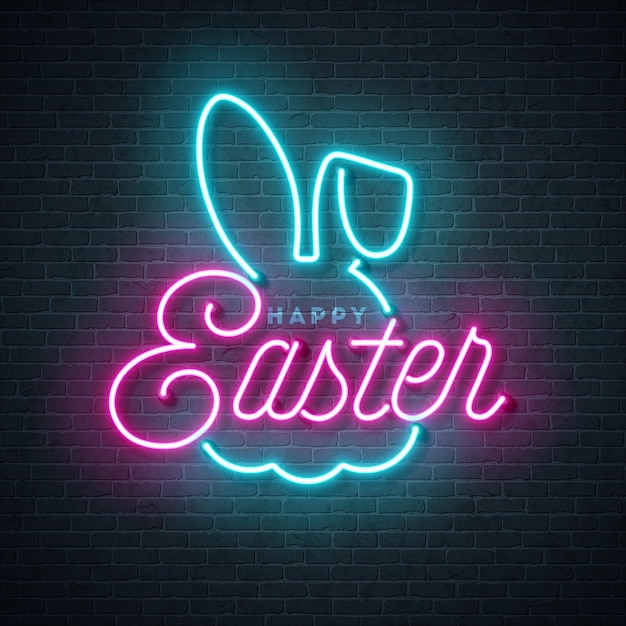 Vettore gratuito buona pasqua illustrazione con luce al neon luminosa a forma di coniglio e scritte sul muro di mattoni