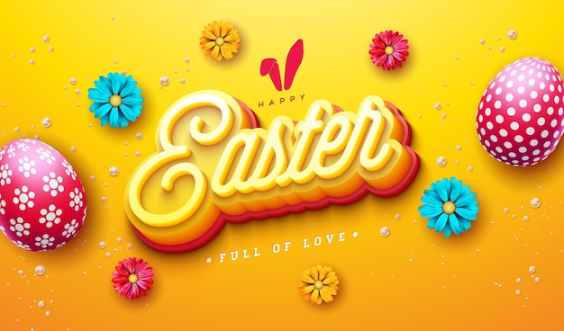 Бесплатное векторное изображение Счастливой пасхи иллюстрация с раскрашенным цветком яйца и 3d типографикой надпись на желтом фоне