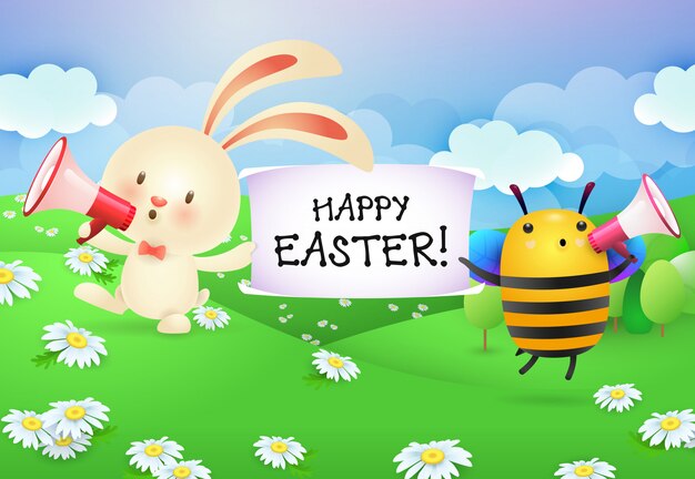 Счастливой Пасхи надпись на баннере, который держит кролик и пчела