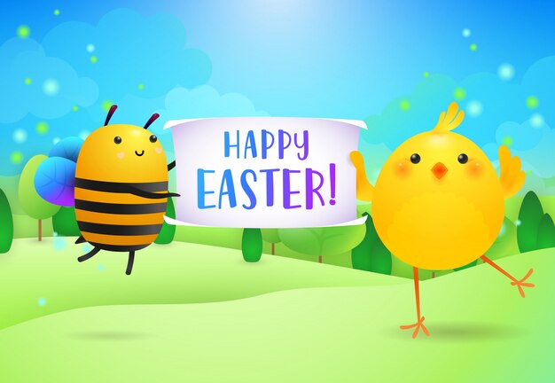 Happy Easter lettering on banner held by cute bee and chick