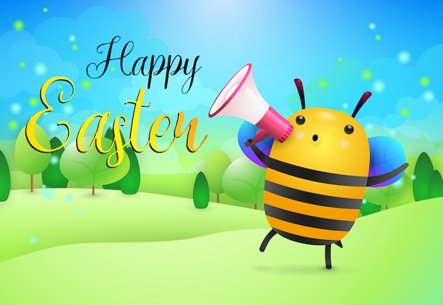 Happy easter lettering and bee with loudspeaker