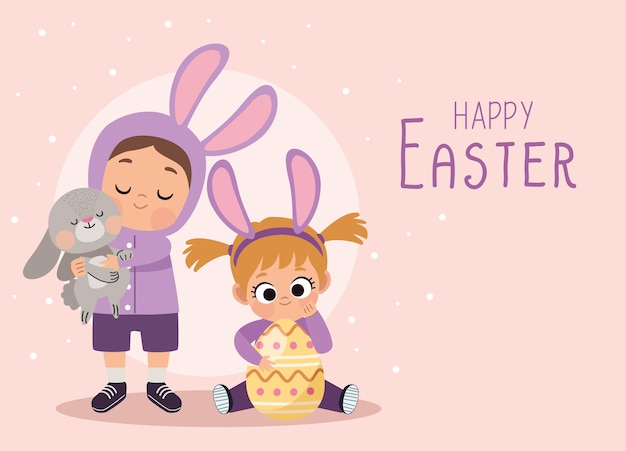 Free vector happy easter lettering card with kids