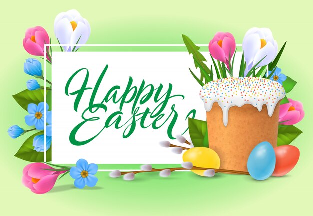 Happy Easter lettering. Holiday inscription with sweet bread, buds, colorful eggs.