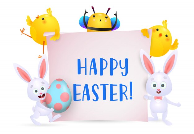 Happy Easter lettering with bee, chicks and bunnies characters