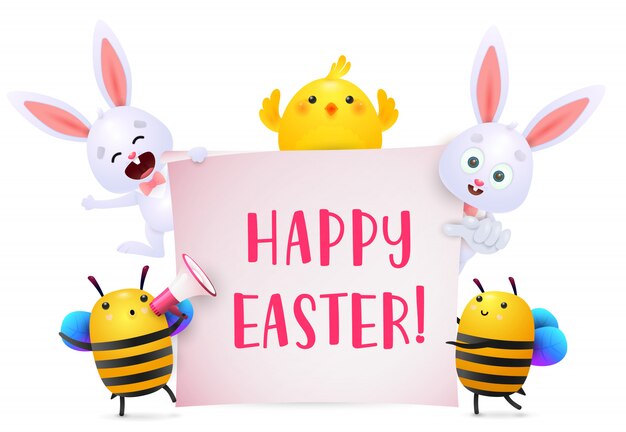 Happy Easter lettering with bunnies, chicken and bees characters