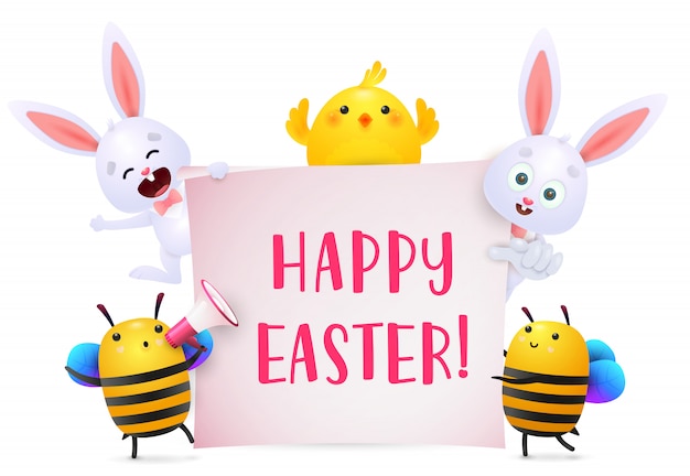 Happy Easter lettering with bunnies, chicken and bees characters