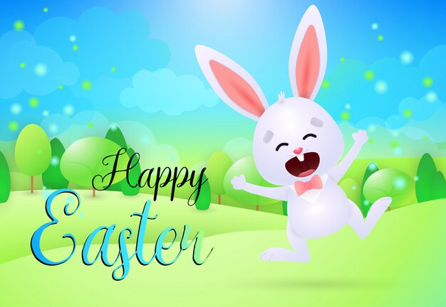 Happy Easter lettering with cute cheerful bunny