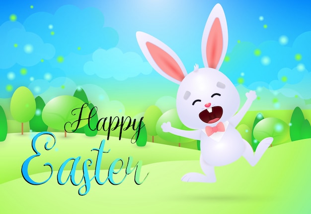 Счастливой Пасхи надпись с милый веселый кролик
