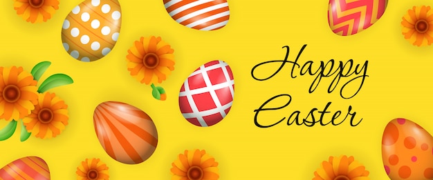 Счастливой Пасхи надписи с украшенными яйцами и цветами