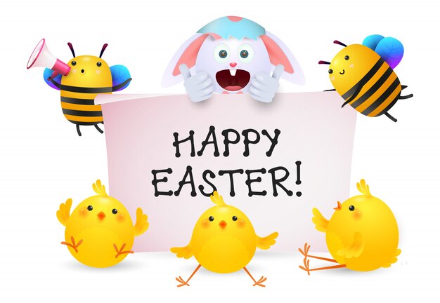 토끼, 꿀벌과 병아리 캐릭터와 함께 행복 한 부활절 글자
