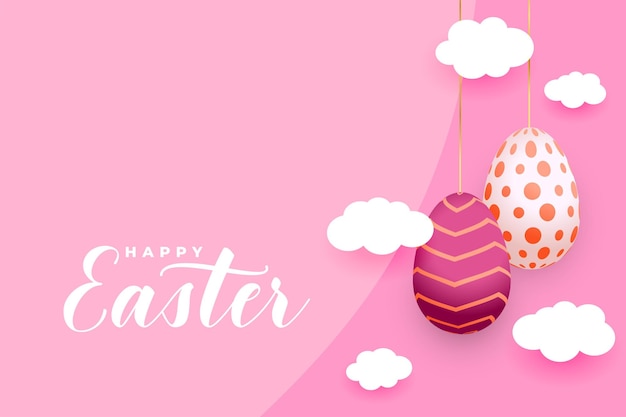 Free vector happy easter pink card with eggs and clouds