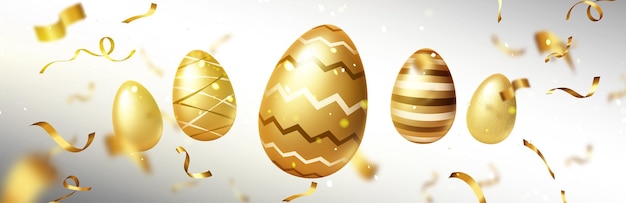 패턴과 나선형 리본이 있는 황금 달걀이 있는 행복한 부활절 포스터입니다. 3d 고급 금 계란과 색종이 조각에 대한 사실적인 삽화가 있는 봄 휴가 축하의 벡터 배너