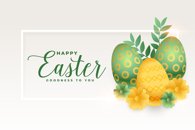Счастливая пасха реалистичная открытка с яйцами и листьями