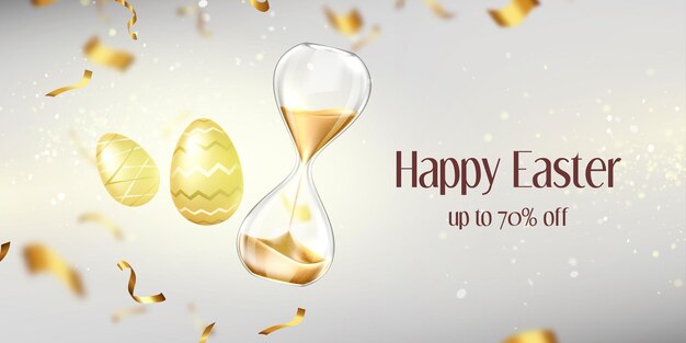 Happy Easter sale banner with gold eggs, sandglass and confetti on blurred background with golden glittering and sparkles. Holiday promotion, shopping discount offer, Realistic 3d vector illustration