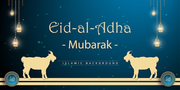 해피 Eid Al Adha 인사말 블루 베이지색 배경 이슬람 소셜 미디어 배너 무료 벡터