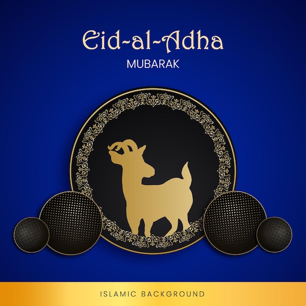 Free vector happy eid al adha greetings blue black golden background islamic social media banner free vector