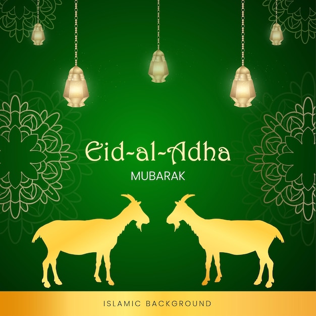 Happy Eid Al Adha Greetings Green Golden Background Islamic Social Media Banner Free Vector