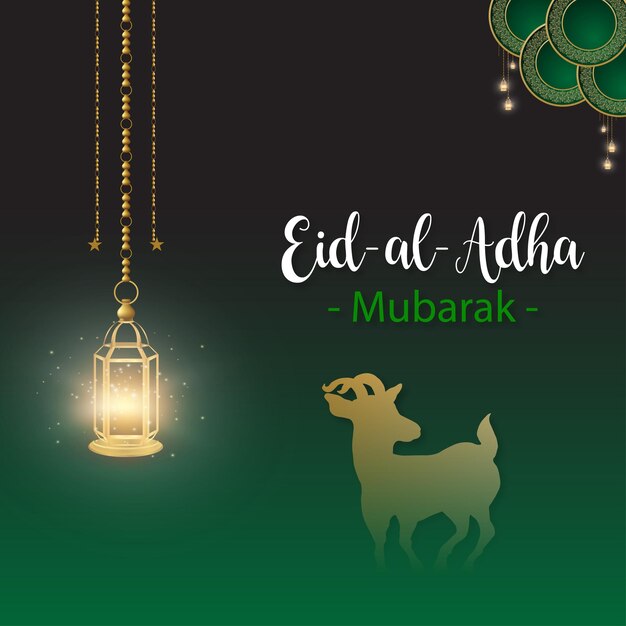 Happy Eid Al Adha Greetings Green Golden Background Islamic Social Media Banner Free Vector