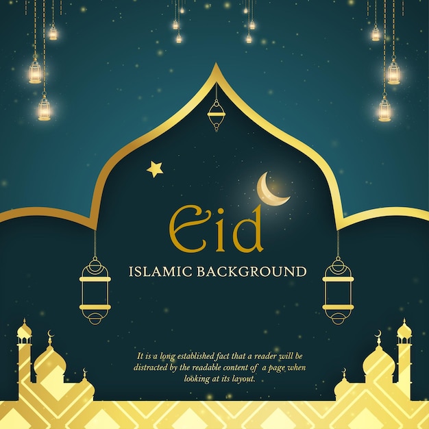 Happy eid greetings blue golden background islamic social media banner