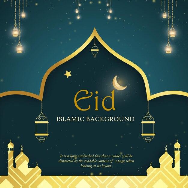 Happy Eid Приветствия Синем Золотом Фоне Баннер Исламских Социальных Средств