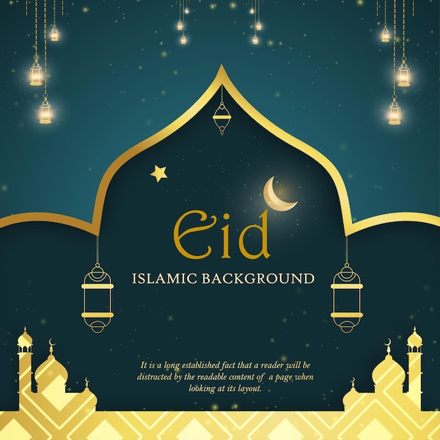 Happy Eid Greetings Blue Golden Background Islamic Social Media Banner