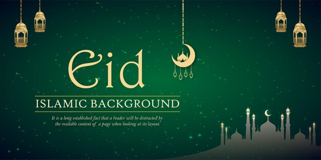 Happy Eid Greetings Green Golden Background Islamic Social Media Banner Free Vector