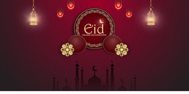 Felice eid saluti maroon sfondo dorato banner social media islamico vettore libero