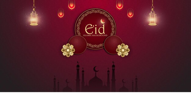 Happy Eid Greetings Maroon Golden Background Islamic Social Media Banner Free Vector