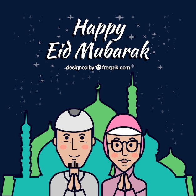 Vettore gratuito buon eid mubarak sfondo con l'uomo e la donna