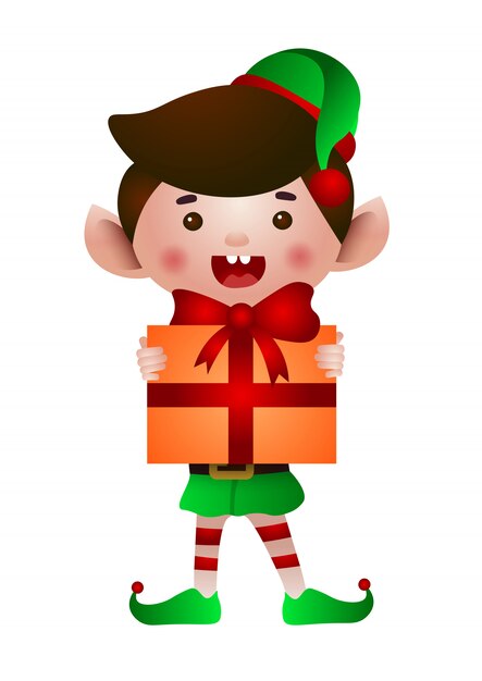 Happy elf holding Christmas present illustration