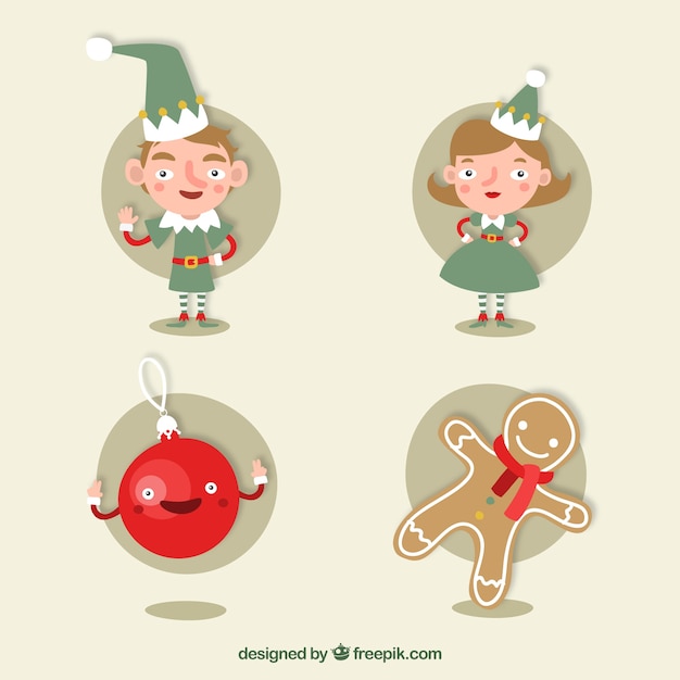 Free vector happy elves with other christmas characters