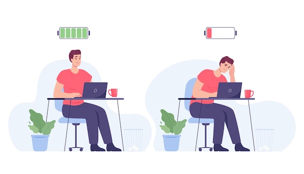 Happy and exhausted man at workplace flat vector illustration. tired and frustrated employee sitting at desk, working on laptop. professional burnout, mental health, efficiency concept