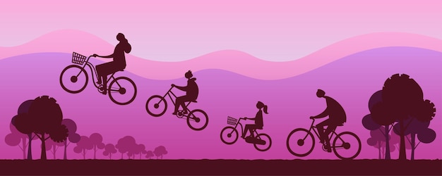 Free vector happy families ride bicycles happily and fly through the air at dusk scenery cartoon people characters flat vector illustration design