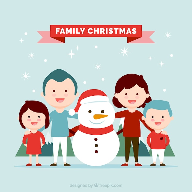 Vettore gratuito sfondo famiglia felice con il pupazzo di neve