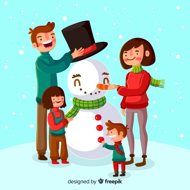 Счастливое семейное строительство снеговика