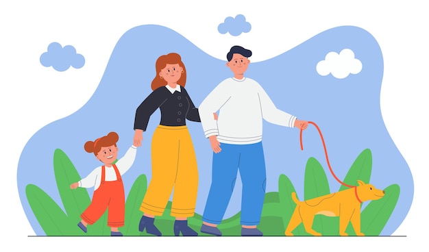 Free vector happy family characters walking outdoor together with dog. fun walk in city park for mother, father, kid and puppy pet on leash flat vector illustration. love and care for animals, adoption concept