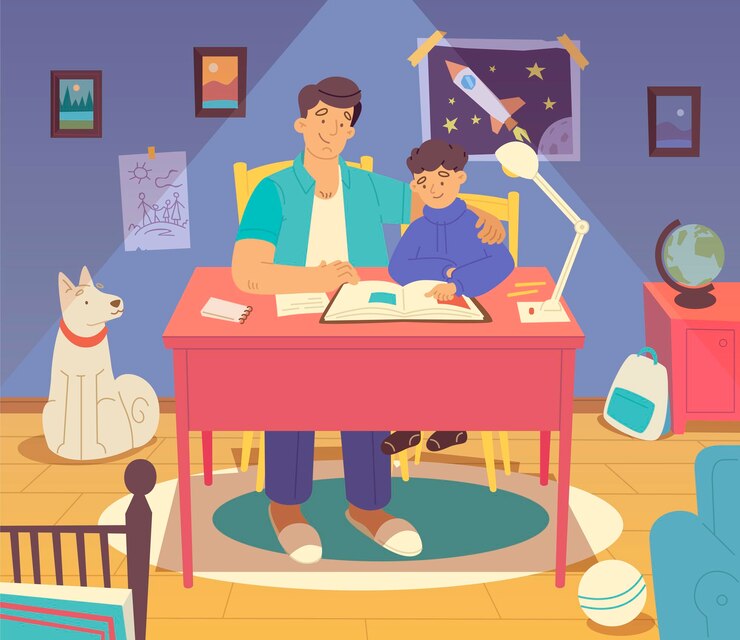 Free Vector happy family composition with dad helping his son with homework reading book together in room flat vector illustration