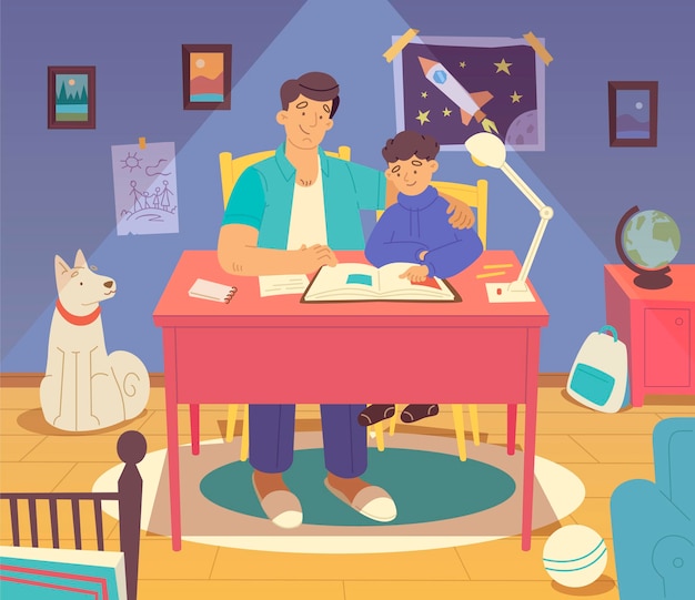 Free vector happy family composition with dad helping his son with homework reading book together in room flat vector illustration