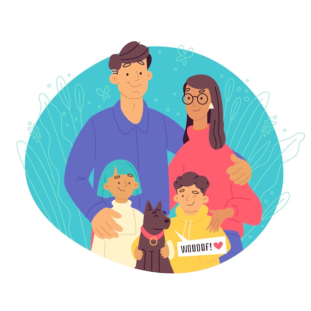 Free vector happy family concept with flat half length portrait of smiling parents children and dog vector illustration