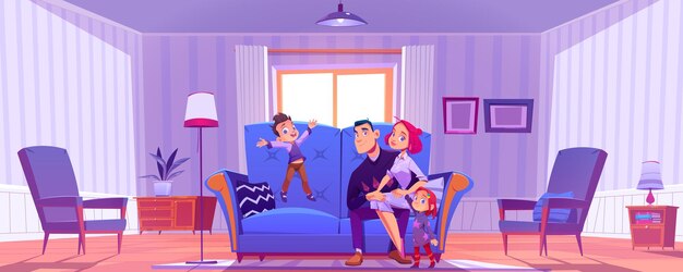 Happy family on couch in living room