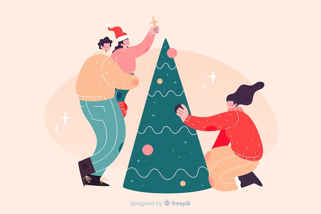 無料ベクター クリスマスツリーの背景を飾る幸せな家族