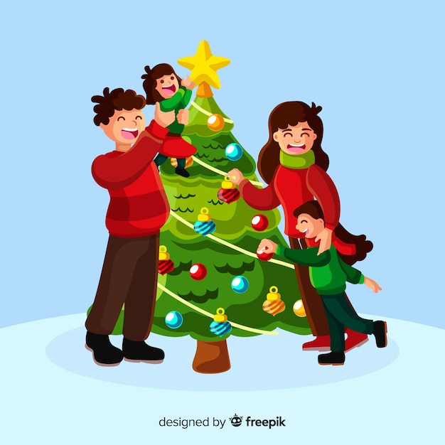 Happy family decorating christmas tree