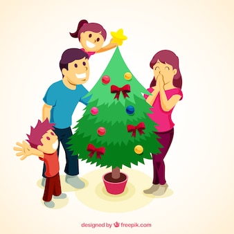 Famiglia felice che decora l'albero di sfondo