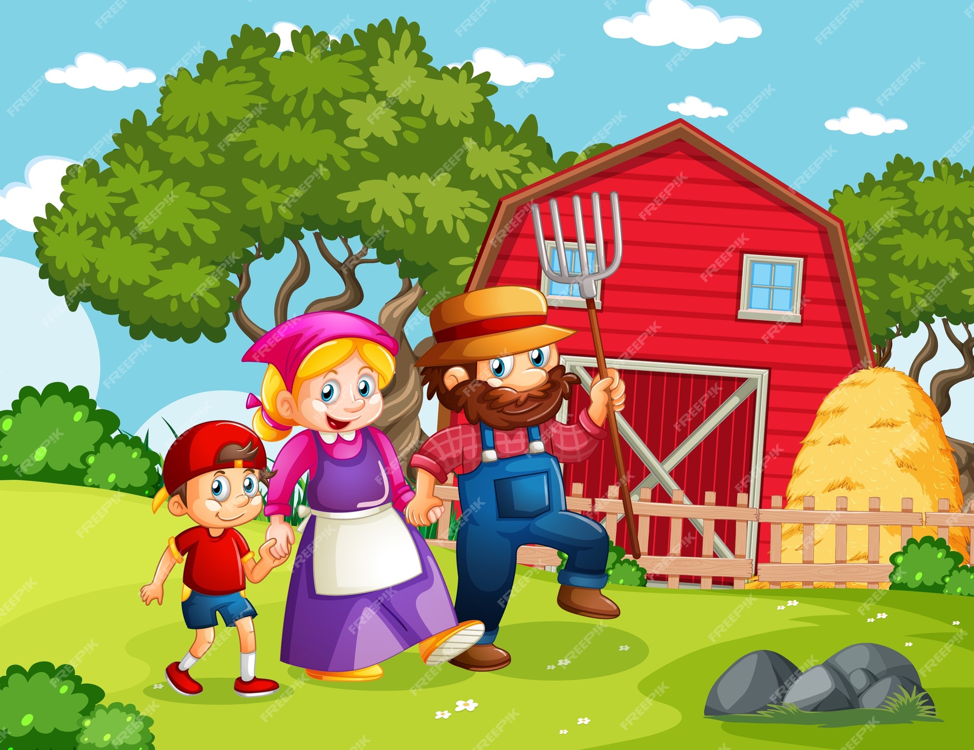 Free Vector | Happy family in farm scene in cartoon style